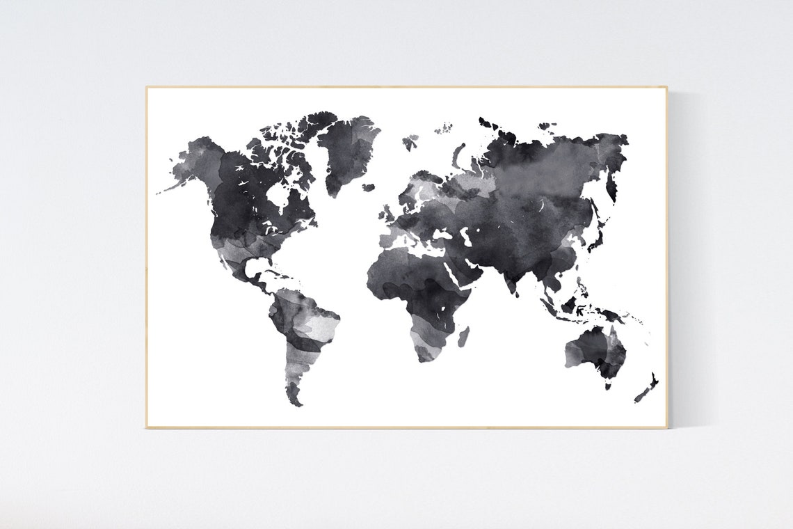 World Map Nursery Decor Nursery Wall Art Black and White Etsy