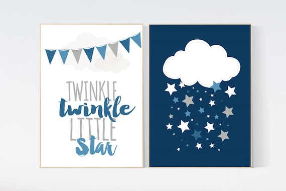 Navy nursery decor, Twinkle twinkle little star, cloud Nursery, Navy Gray, royal blue, baby boy nursery,  boys room baby shower navy nursery