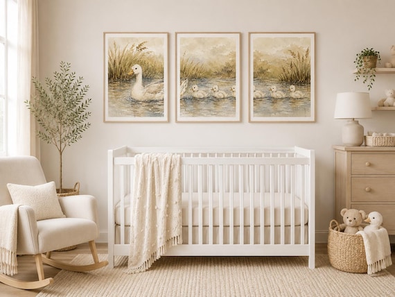 Duck Nursery Wall Art Set of 3, Neutral Duckling Prints, Watercolor Duck Family