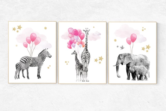 Baby animal prints, Pink gold Nursery, Safari Nursery, watercolor animals for nursery, Nursery animal print, , Nursery decor elephant