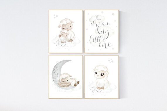 Sheep nursery decor, Gray nursery decor, nursery decor lambs, nursery wall art sheep, moon and cloud wall art nursery gender neutral nursery