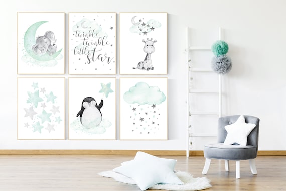 Nursery decor mint and grey, nursery wall art neutral, moon and stars, mint green, penguin, giraffe, elephant, gender neutral nursery