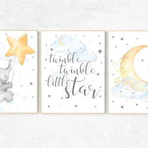Twinkle twinkle little star, nursery decor neutral, cloud and stars, baby room art, elephant nursery wall art, gender neutral, moon nursery