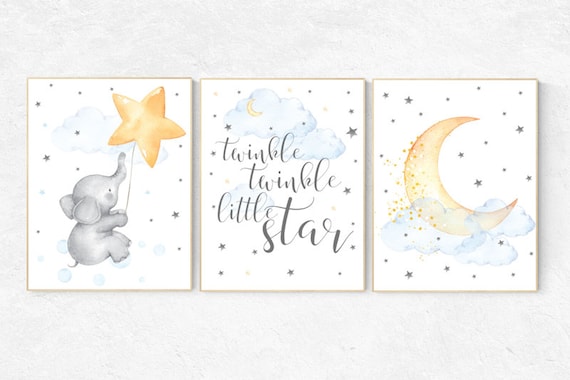 Twinkle twinkle little star, nursery decor neutral, cloud and stars, baby room art, elephant nursery wall art, gender neutral, moon nursery