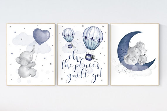 Nursery decor boy elephant, Nursery decor boy hot air balloon, hot air balloon nursery, navy blue nursery, elephant nursery, navy color