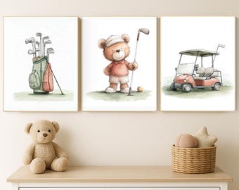 Golf Nursery Print: Teddy Bear Golfer, Safari Animals