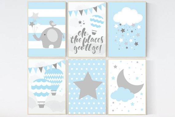 CUSTOMIZE! Nursery decor boy, nursery decor wall art, oh the places you'll go, blue gray decor, hot air balloon, nursery decor elephant