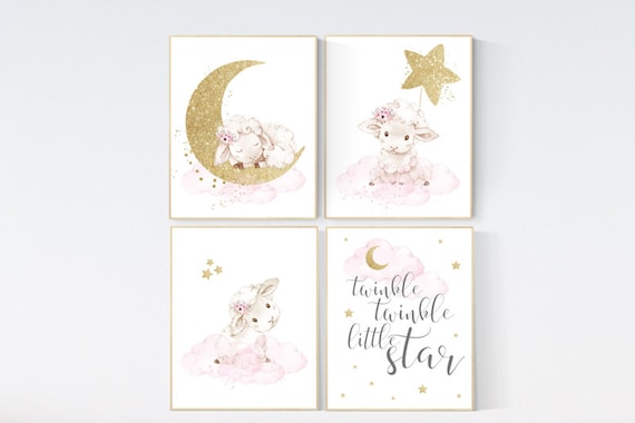 Nursery decor girl, Sheep nursery decor, nursery decor lambs, twinkle twinkle little star, nursery wall art sheep, moon and cloud