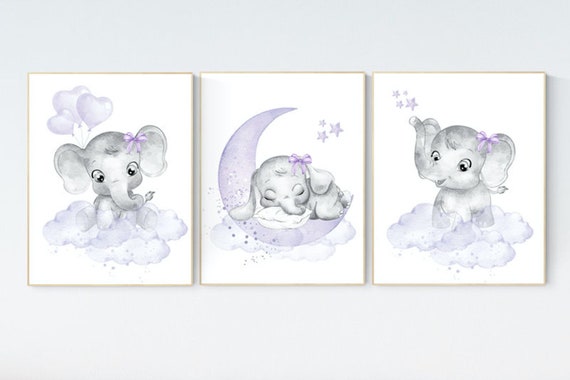 Girls room decor purple, Nursery decor girl purple, nursery decor elephant girl, moon and stars, nursery decor girl lavender, lilac nursery