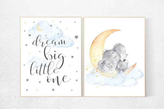 Baby room wall art neutral, nursery decor elephant, neutral nursery wall art, dream big little one, blue and yellow, gender neutral nursery