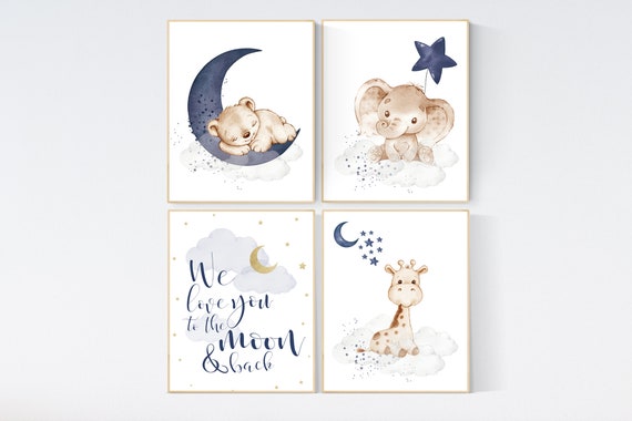 Animal nursery, Nursery decor boy elephant, navy blue, bear nursery, giraffe baby room wall art, boy room, navy gray grey