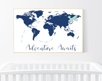 Navy Blue World Map Nursery Art Print: Adventure Awaits