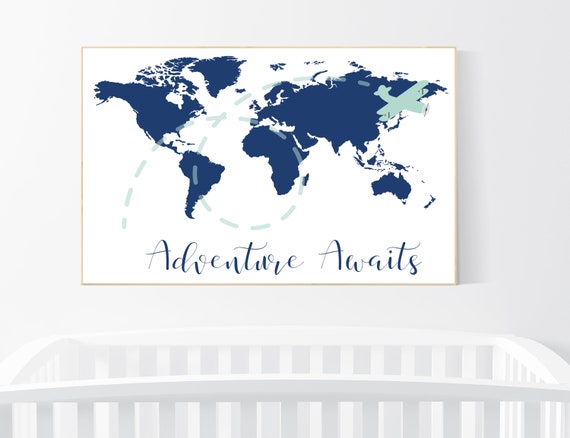 Nursery wall art map, adventure awaits, world map print, nursery decor boy mountains adventure, navy blue, plane nursery decor, navy gray