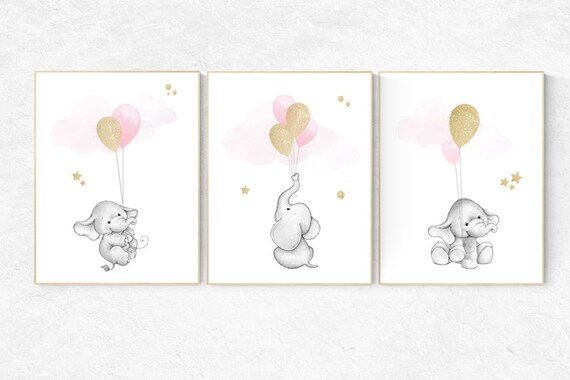Nursery decor girl, gold and pink nursery decor, elephant balloon print, nursery wall art girl elephant, , gold nursery art, nursery prints