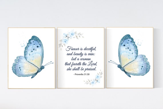 Butterfly nursery, nursery decor girl, butterfly nursery wall art, Nursery decor girl blue and yellow, verse nursery, bible verse prints