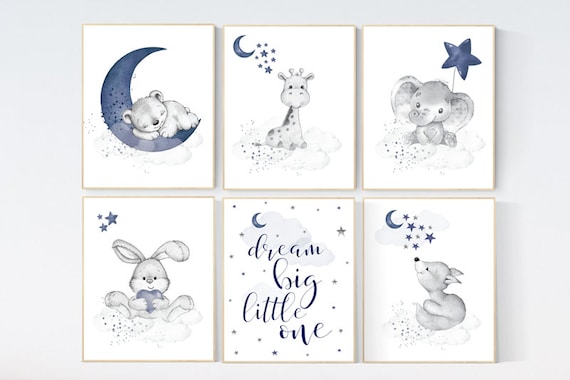 Nursery decor boy animals, nursery wall art boy, moon and stars, navy blue, animal prints for nursery, navy blue nursery, set of 6 prints