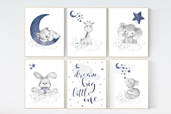 Nursery decor boy animals, nursery wall art boy, moon and stars, navy blue, animal prints for nursery, navy blue nursery, set of 6 prints