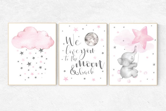 Nursery decor girl pink and gray, Baby room decor elephant, nursery decor girl pink, nursery wall art girl, we love you to the moon and back