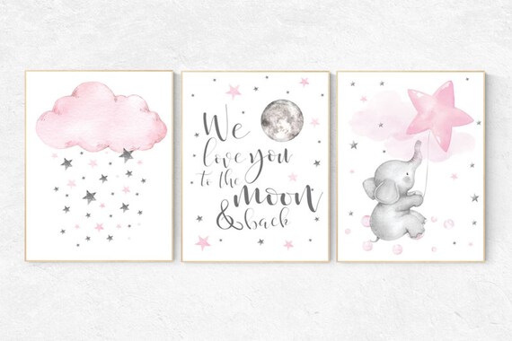 Nursery decor girl pink and gray, Baby room decor elephant, nursery decor girl pink, nursery wall art girl, we love you to the moon and back