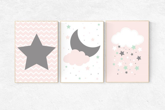 Coral mint nursery decor, star Nursery Art, moon nursery, baby girl, Coral mint gray, cloud nursery girl bedroom decor girl nursery