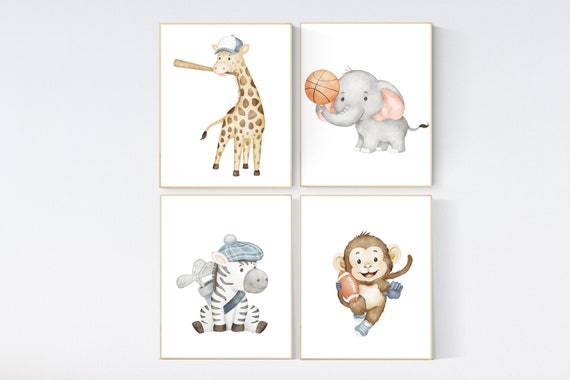 Sports nursery decor, Baby Animals Sport, Baby boy sports nursery, Safari nursery, baseball, football, golf, basketball, sports animals