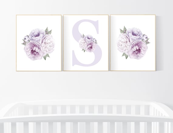 Nursery decor girl flower, floral nursery, lilac nursery, purple, peony flower, lavender nursery, girl nursery wall decor, set of 3 prints