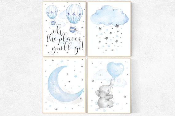 Nursery decor elephant, hot air balloon, Blue Nursery, Nursery decor boy, , oh the places you'll go, cloud and star nursery, nursery art