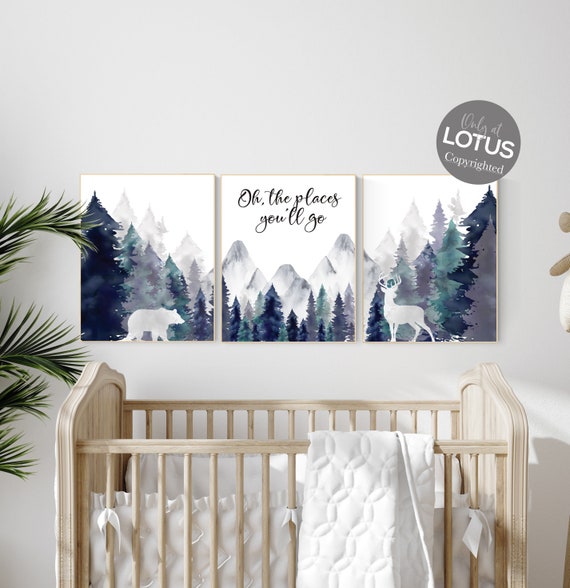 Woodland nursery decor, mountain wall art, tree nursery decor, adventure theme nursery, forest, navy and teal, woodland animals, woodland