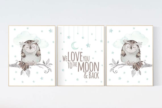 Mint nursery decor, we love you to the moon and back, Nursery decor owl, owl nursery art, nursery wall art mint, mint green, gender neutral