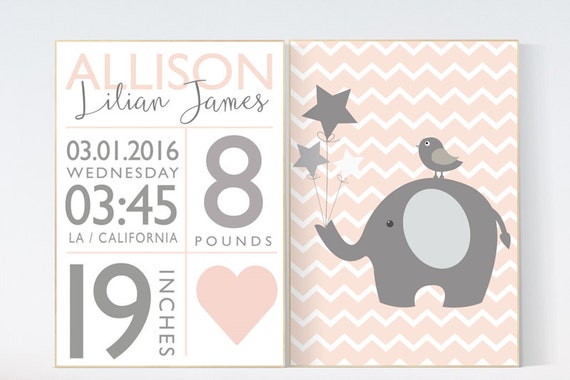 Nursery decor girl blush, Girls nursery decor peach, nursery wall art elephant,  blush pink nursery, birth stats nursery decor elephant