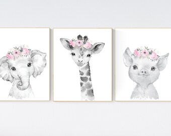 Safari Tierdrucke: Floral Rosa Kinderzimmer Wandkunst