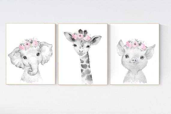 Safari Animals, girl nursery, Animals Prints, Woodland Nursery Decor, Safari Nursery Wall Art, floral animal prints, Pink Safari Animals