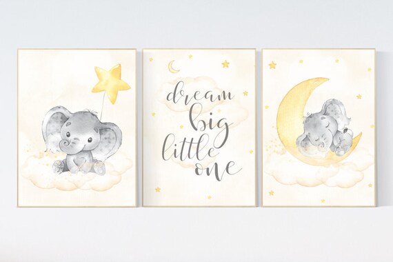 Yellow nursery wall art, nursery wall art elephant, moon and stars, gender neutral, yellow and gray nursery art, baby room decor, neutral