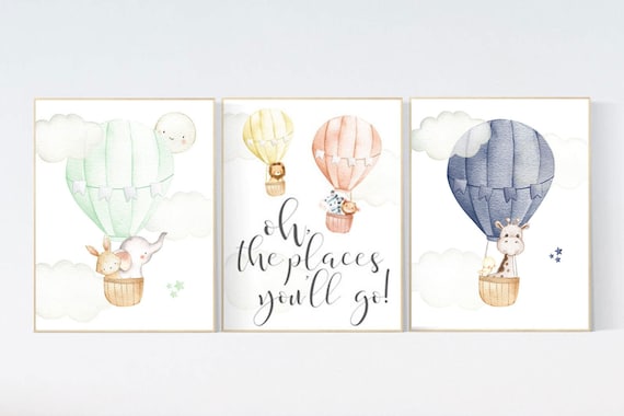 Nursery decor animals, hot air balloon, gender neutral, nursery decor, animal nursery, neutral, unisex, elephant giraffe, bear, nursery art