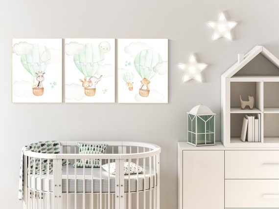 Nursery decor girl green, Nursery decor animals, Hot air balloon , elephant, giraffe, baby bear, bunny, woodland animals, green nursery art