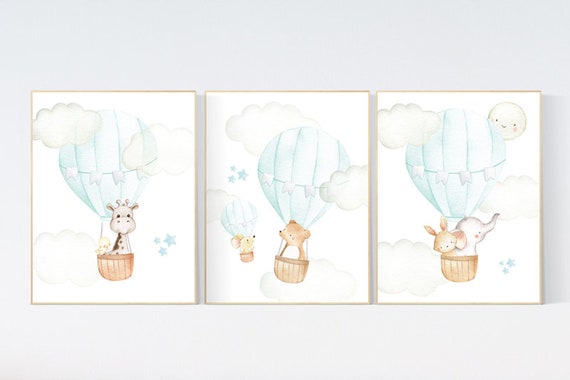 Hot air balloon nursery, nursery decor animals, nursery wall art mint and gray, elephant, giraffe, bear, bunny, woodland animals, aqua, mint