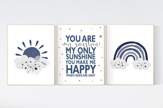 You are my sunshine, navy nursery wall art, rainbow nursery, nursery wall art boy, navy Blue, moon, stars, navy nursery, boy nursery decor