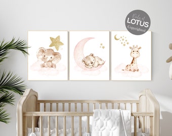Blush Gold Animal Nursery Prints: Woodland Elephant, Bear, Giraffe