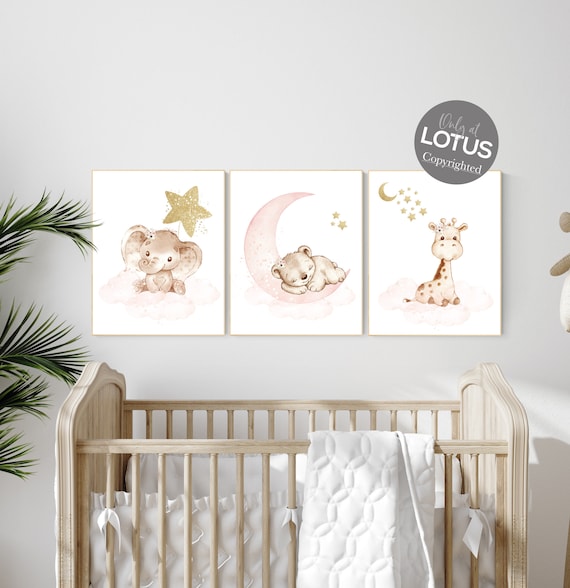 Nursery decor girl animals, blush gold, Animal nursery, nursery decor girl woodland animals, bear, elephant, giraffe, girl nursery ideas