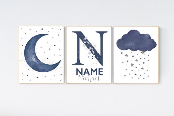 Navy nursery decor, cloud and stars, moon and stars, navy blue nursery art. baby room wall art, boy nursery decor, set of 3, nursery art