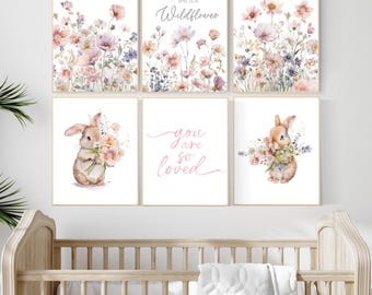 Bunny Nursery Print: Floral Watercolor, Wildflower Decor