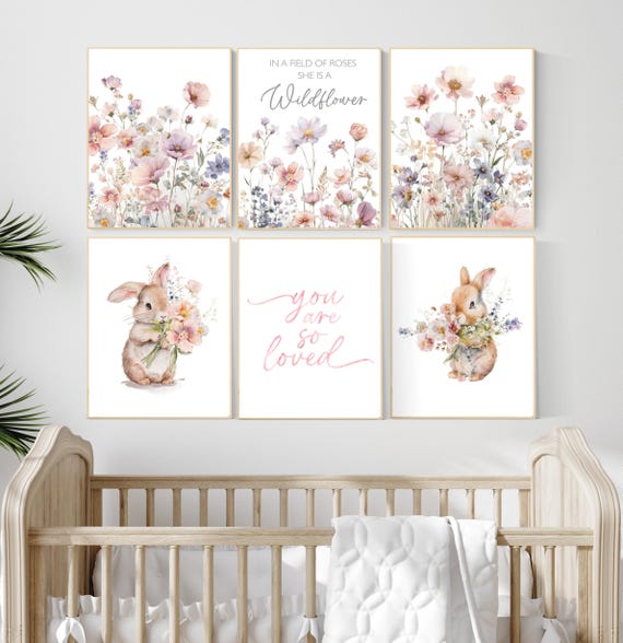 Bunny Nursery Print: Floral Watercolor, Wildflower Decor