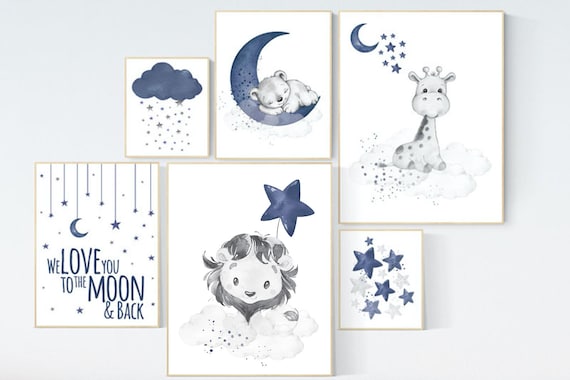 Nursery decor boy lion, bear, giraffe, boy nursery decor, moon and stars, navy blue, boy nursery wall art, we love you to the moon and back