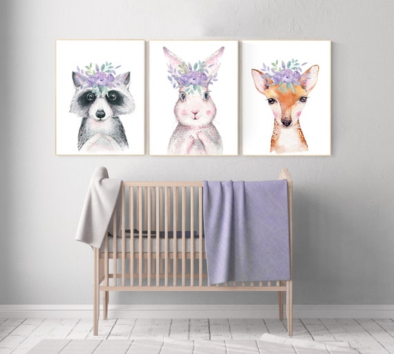 Nursery decor woodland, purple nursery, nursery decor animals, nursery wall art woodland animals, lilac, lavender, animal nursery