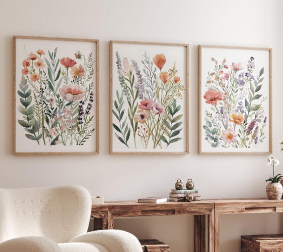 Watercolor Wildflower Wall Art Set – Neutral Floral Botanical Prints – Boho Living Room or Bedroom Decor (Set of 3)