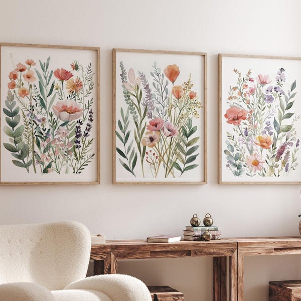 Aquarell Wildblumen Druckset, neutrale Boho Botanische Kunst (3er-Set)