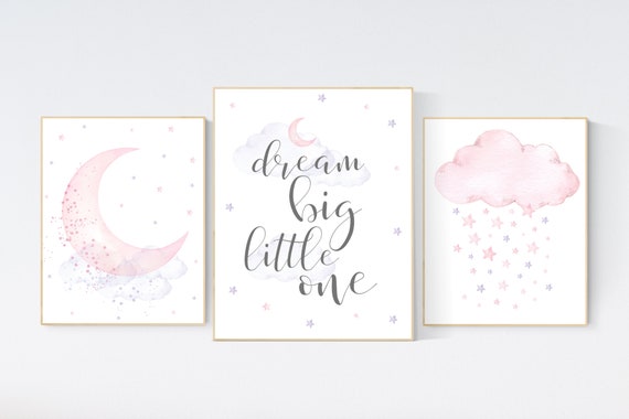 Nursery decor girl, purple and pink, lilac and pink, nursery wall art, baby girl nursery, moon and stars, moon nursery, dream big little one