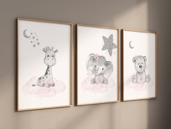 Animal nursery, nursery decor girl pink silver, nursery decor girl woodland animals, teddy bear, elephant, giraffe, baby girl nursery prints