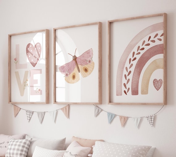 LOVE Butterfly Rainbow Wall Art Set – Boho Pink Nursery Prints for Girls – Soft Pastel Heart Decor for Baby Girl Room or Playroom