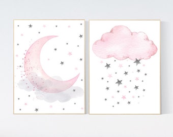 Pink Moon & Stars Nursery Art Prints: Girl Room Decor